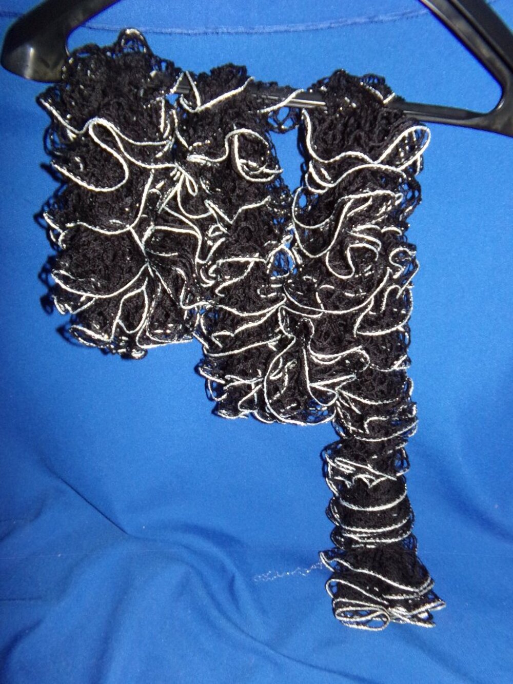 Vintage Black Yarn Crochet & Silver Edged Neck Boa Scarf - 80 inch